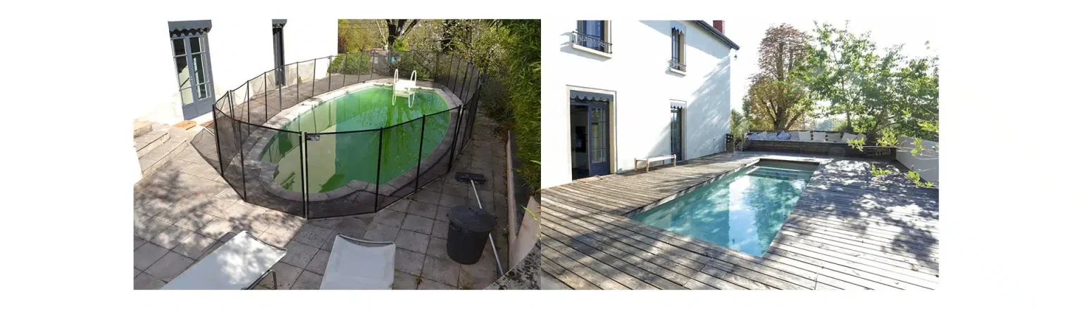 Comparación antes y después de renovación de piscina Desjoyaux